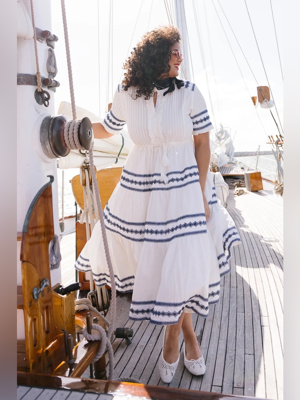 Ivy City Santorini Dress in White with Blue Embroidery, Size Small